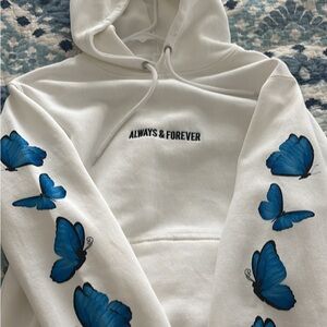 White Hoodie with Blue Butterfly Design